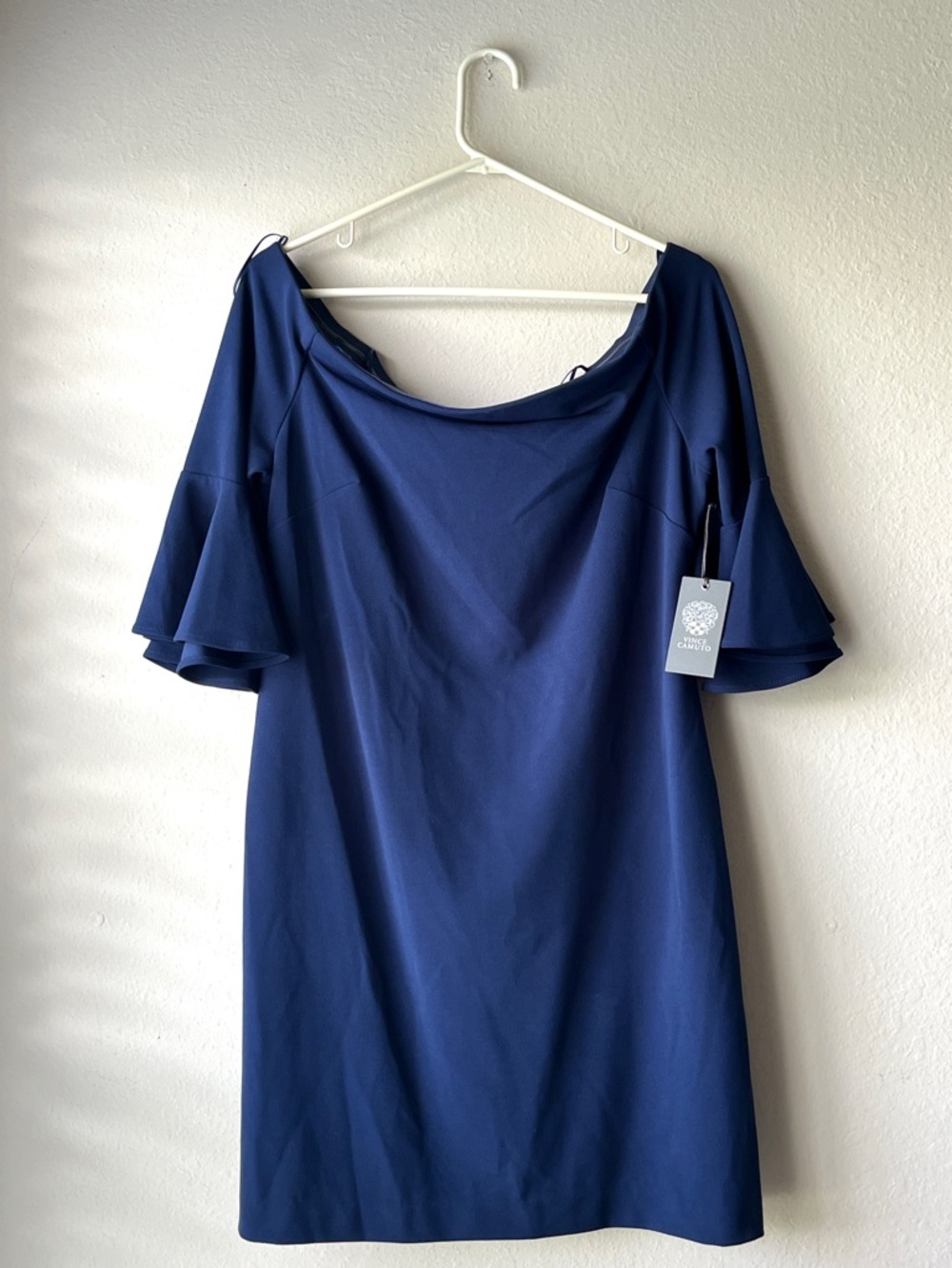 Vince Camuto Navy Blue Off-Shoulder Ruffle Sleeve Mini Dress